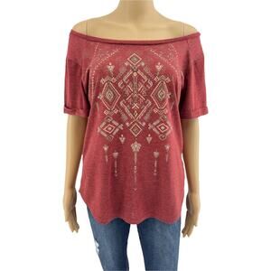 Miss Me MEDIUM Rustic Red Studded Southwestern Sheer Mesh Back Tee Shirt